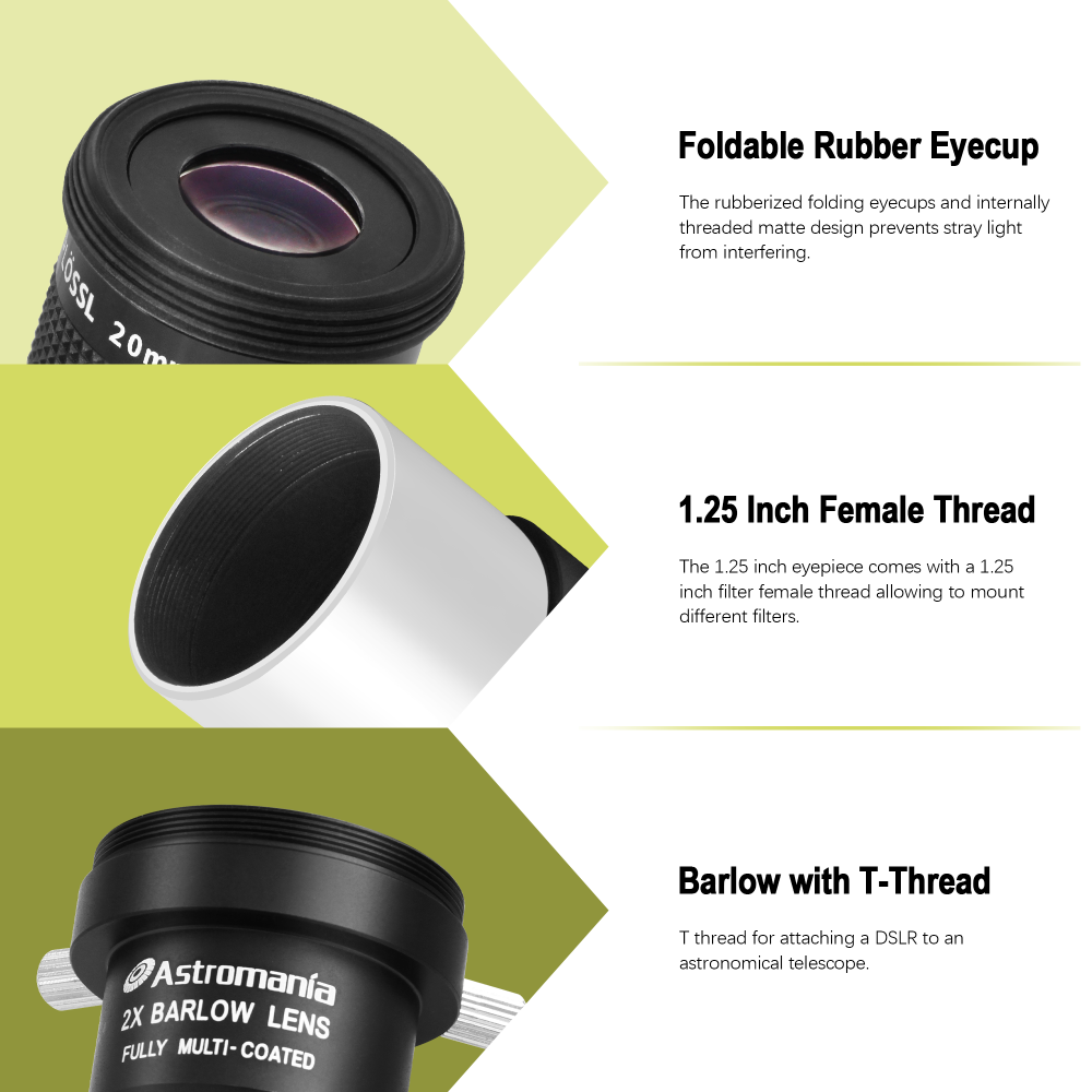 Astromania Telescope Accessory Kit with 1.25 Inch Telescope Eyepiece Set 4mm 12.5mm 20mm 52 Degree Super Plossl Eyepiece Lens and 1.25 Inch 2X Barlow Lens with T Thread Fully Multi Coated Metal
