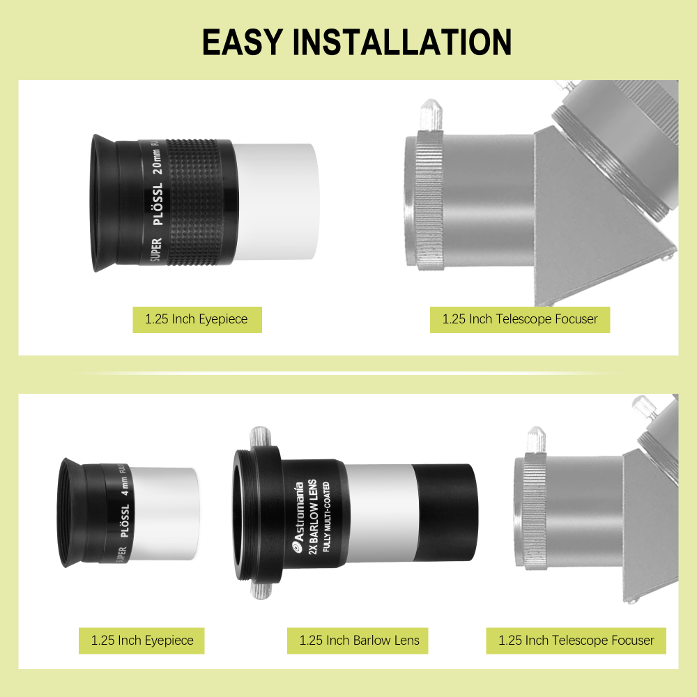 Astromania Telescope Accessory Kit with 1.25 Inch Telescope Eyepiece Set 4mm 12.5mm 20mm 52 Degree Super Plossl Eyepiece Lens and 1.25 Inch 2X Barlow Lens with T Thread Fully Multi Coated Metal