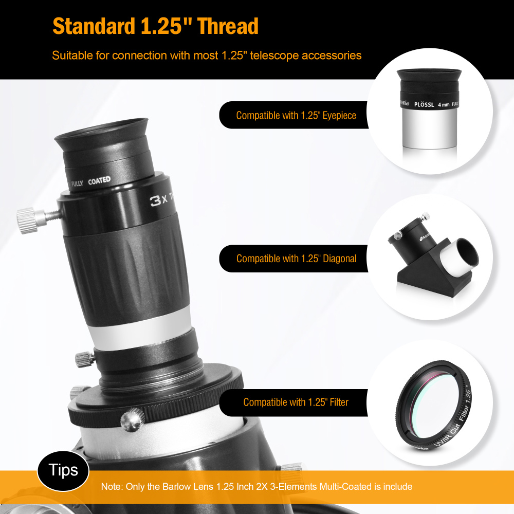 Astromania Barlow Lens 3X 1.25 Inch - 4-Elements Multi-Coated Metal TeleXtender for Telescope - Premium Apochromatic Design Telescope Accessories for Astronomical Photography