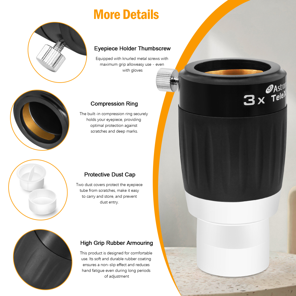 Astromania Barlow Lens 3X 1.25 Inch - 4-Elements Multi-Coated Metal TeleXtender for Telescope - Premium Apochromatic Design Telescope Accessories for Astronomical Photography