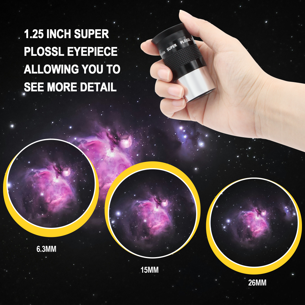 Astromania Telescope Eyepiece Set 1.25 Inch Super Plossl Eyepiece Set 6.3mm 15mm 26mm, 5 Element Fully Multi Coated Metal 52 Degree Apparent Field, Telescope Accessory Set for Astronomy Telescope