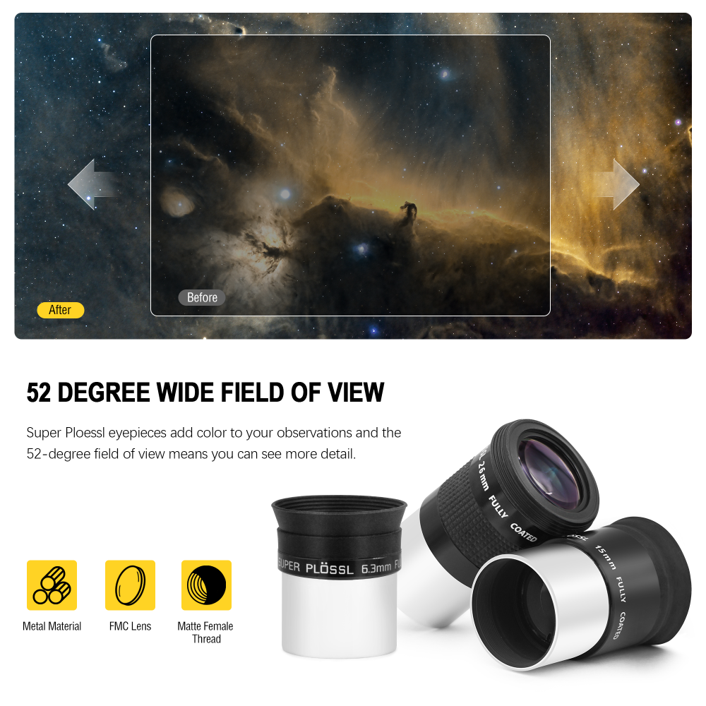 Astromania Telescope Eyepiece Set 1.25 Inch Super Plossl Eyepiece Set 6.3mm 15mm 26mm, 5 Element Fully Multi Coated Metal 52 Degree Apparent Field, Telescope Accessory Set for Astronomy Telescope