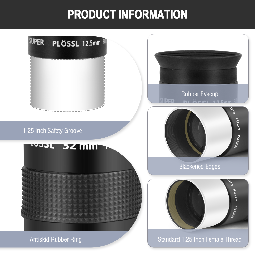 Astromania Telescope Eyepiece Set 1.25 Inch Super Plossl Eyepiece Set 7.5mm 12.5mm 32mm, 5 Element Fully Multi Coated Metal 52 Degree Apparent Field, Telescope Accessory Set for Astronomy Telescope