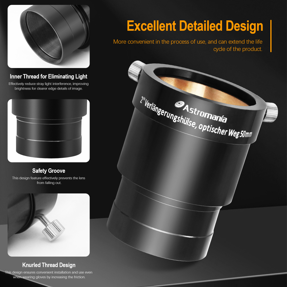 Astromania 2-Inch Telescope Eyepiece Extension Tube Adapter - Optical Length 50mm - With Standand 2-Inch Filter Threads