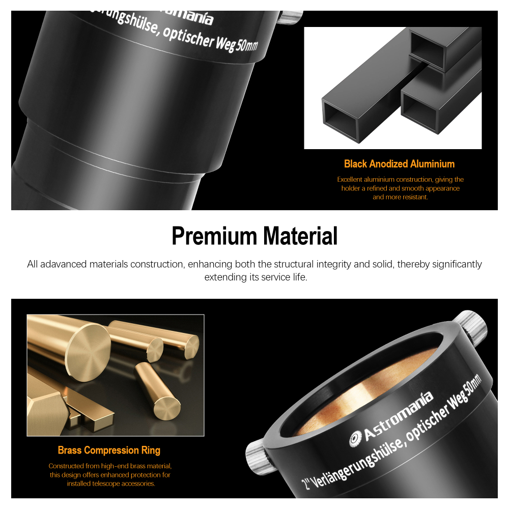 Astromania 2-Inch Telescope Eyepiece Extension Tube Adapter - Optical Length 50mm - With Standand 2-Inch Filter Threads