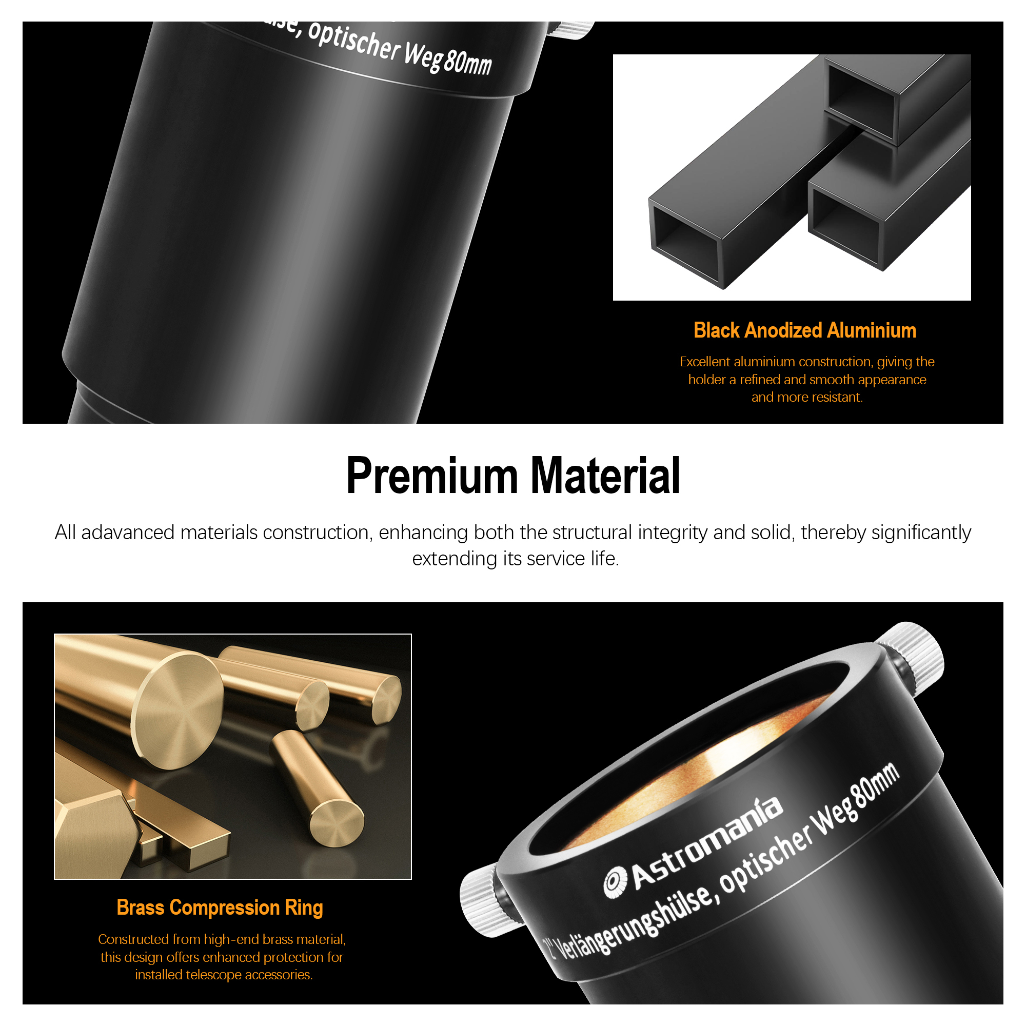 Astromania 2-Inch Telescope Eyepiece Extension Tube Adapter - Optical Length 80mm - With Standand 2-Inch Filter Threads