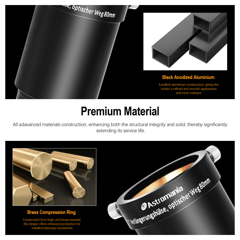 Astromania 2-Inch Telescope Eyepiece Extension Tube Adapter - Optical Length 80mm - With Standand 2-Inch Filter Threads