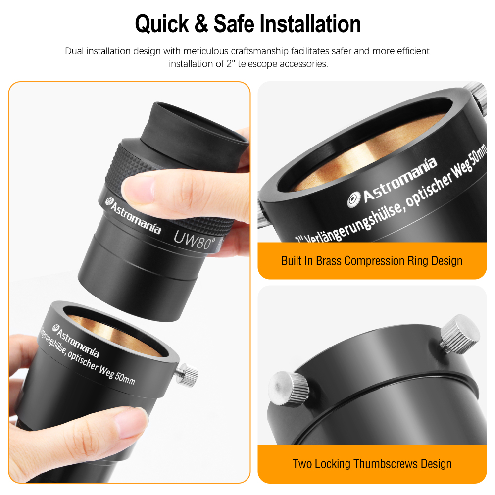 Astromania 2-Inch Telescope Eyepiece Extension Tube Adapter - Optical Length 50mm - With Standand 2-Inch Filter Threads