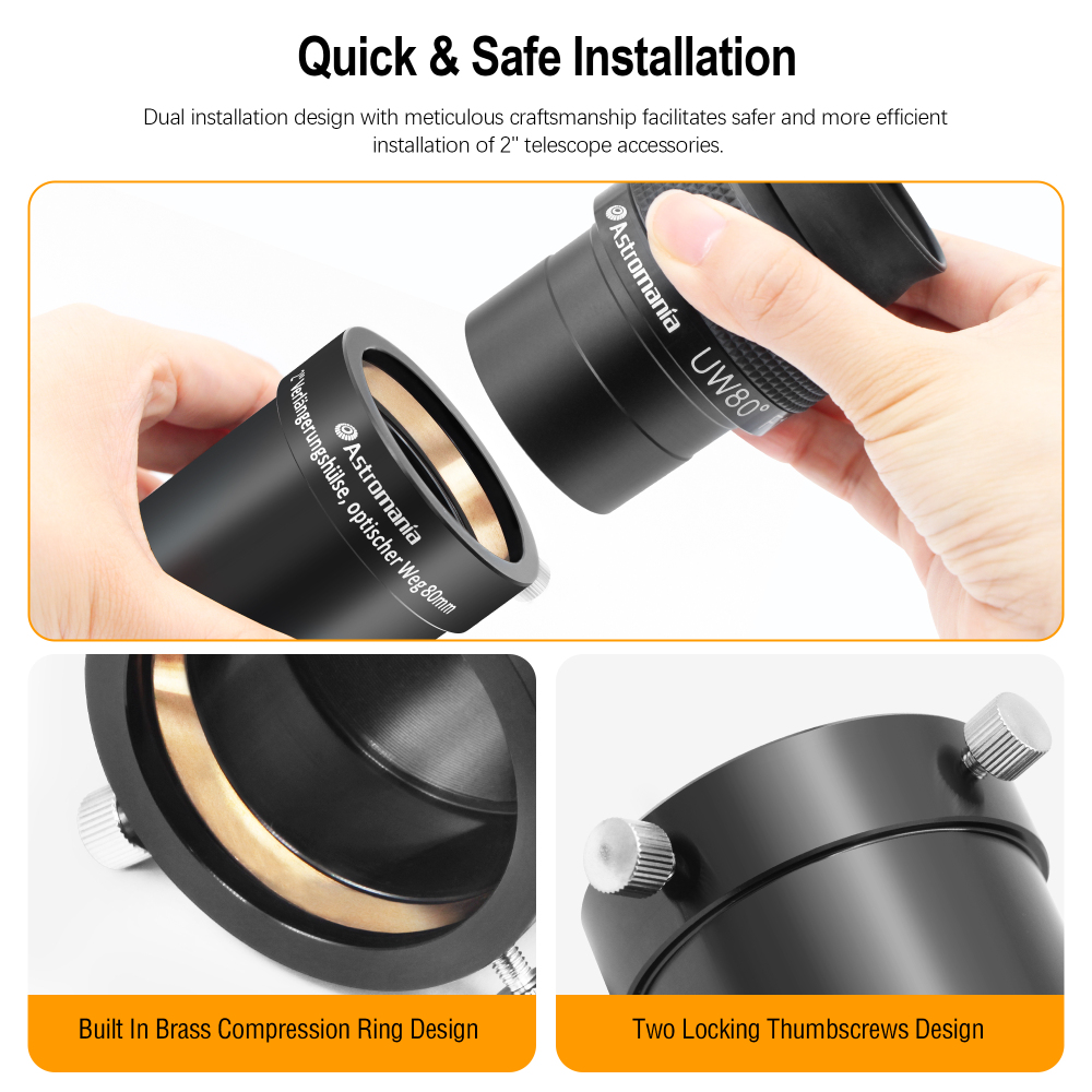 Astromania 2-Inch Telescope Eyepiece Extension Tube Adapter - Optical Length 80mm - With Standand 2-Inch Filter Threads