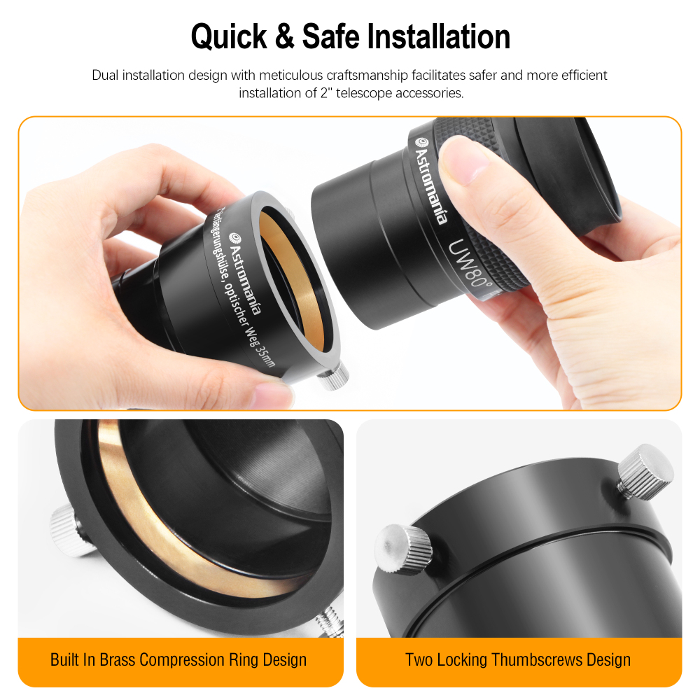 Astromania 2-Inch Telescope Eyepiece Extension Tube Adapter - Optical Length 35mm - With Standand 2-Inch Filter Threads