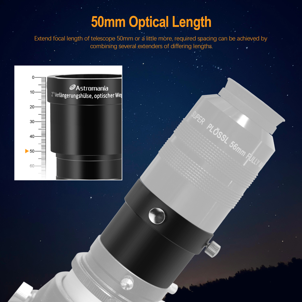 Astromania 2-Inch Telescope Eyepiece Extension Tube Adapter - Optical Length 50mm - With Standand 2-Inch Filter Threads
