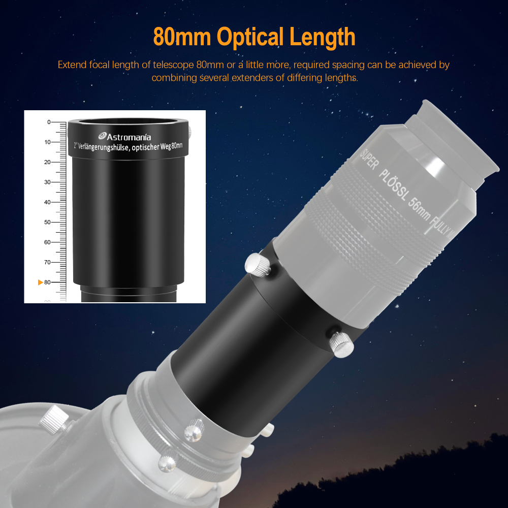 Astromania 2-Inch Telescope Eyepiece Extension Tube Adapter - Optical Length 80mm - With Standand 2-Inch Filter Threads