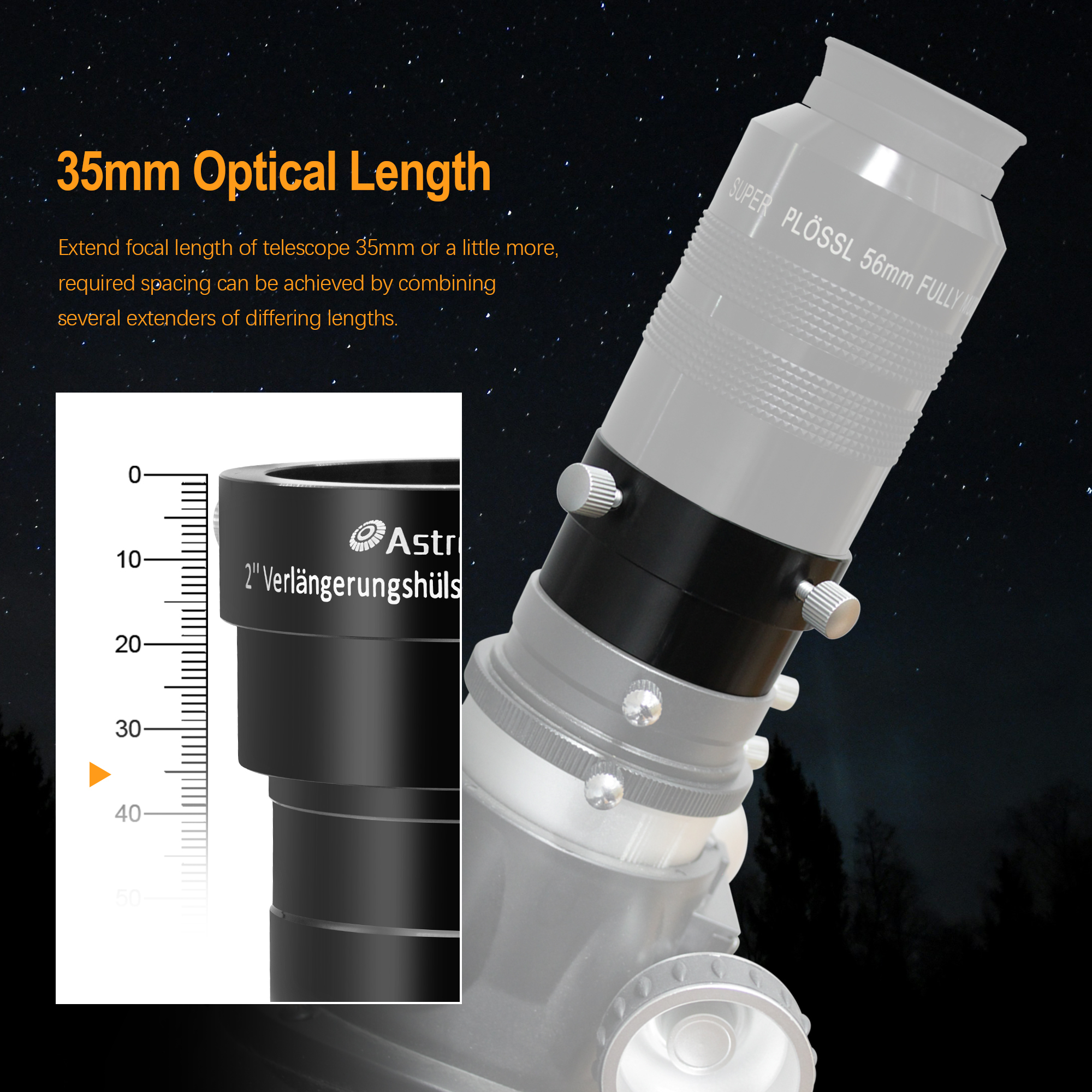 Astromania 2-Inch Telescope Eyepiece Extension Tube Adapter - Optical Length 35mm - With Standand 2-Inch Filter Threads