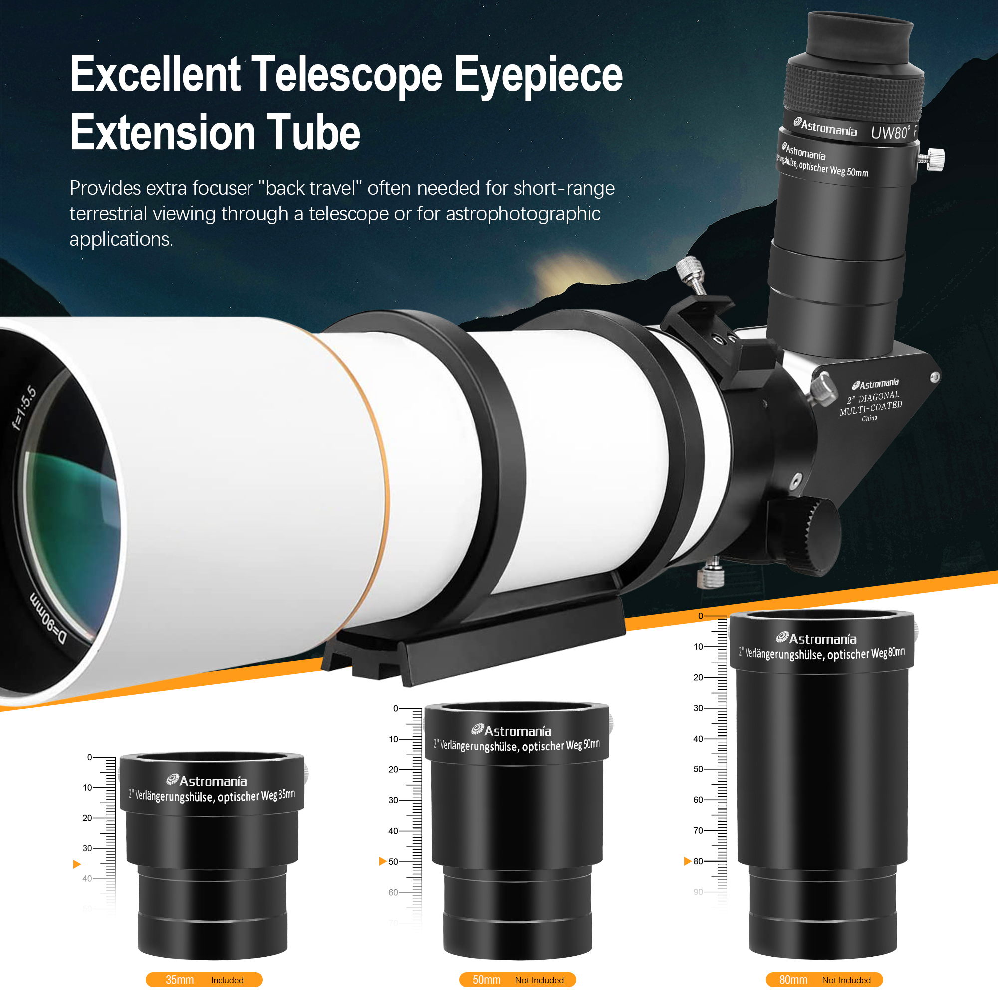 Astromania 2-Inch Telescope Eyepiece Extension Tube Adapter - Optical Length 35mm - With Standand 2-Inch Filter Threads