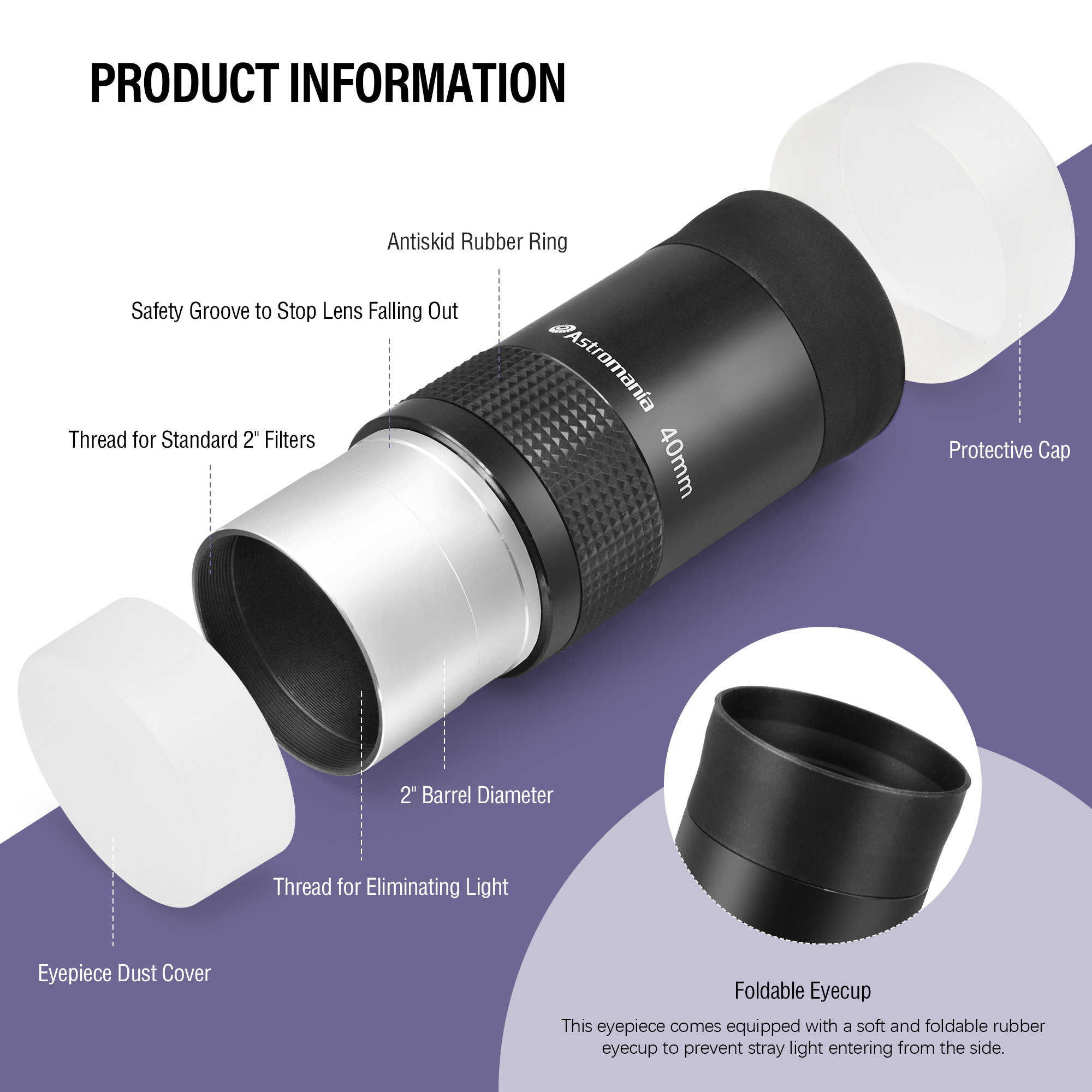 Astromania 2" Kellner FMC 55-Degree eyepiece - 40mm - wide field eyepices with comfortable viewing position