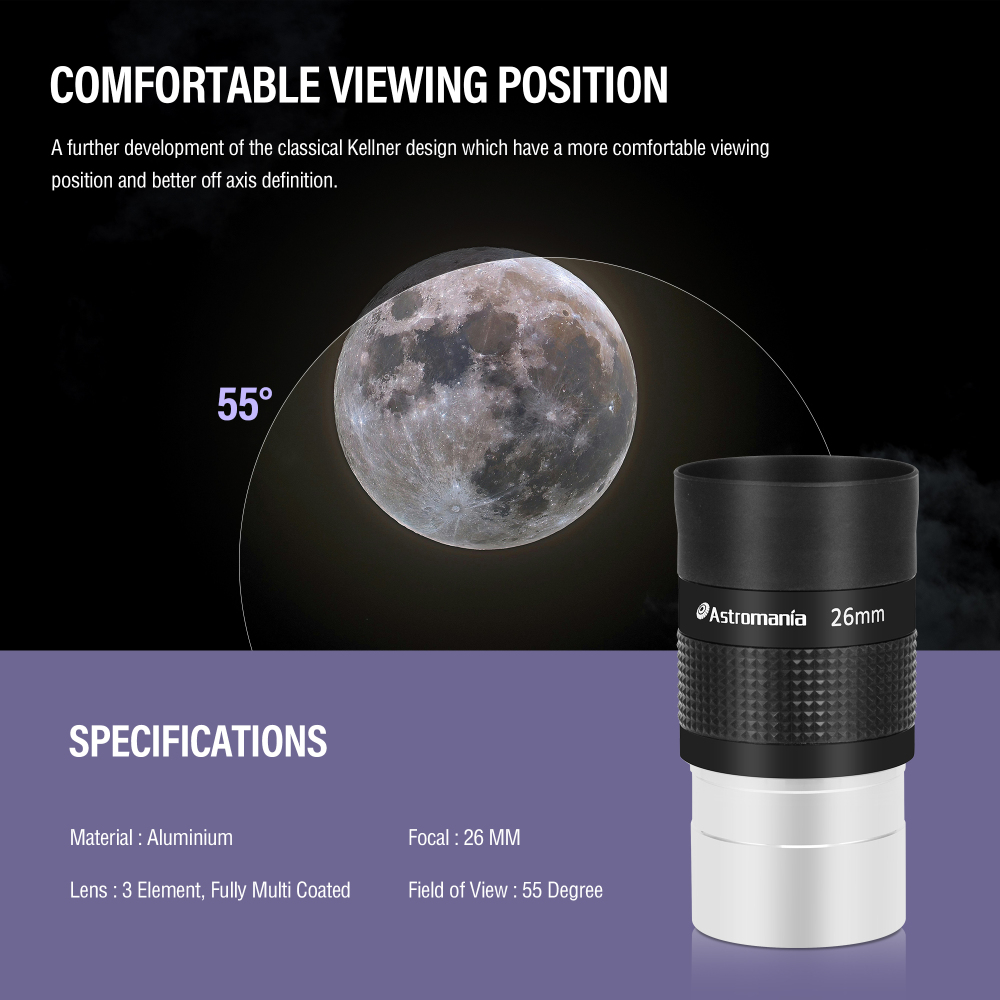 Astromania 2" Kellner FMC 55-Degree eyepiece - 26mm - wide field eyepices with comfortable viewing position