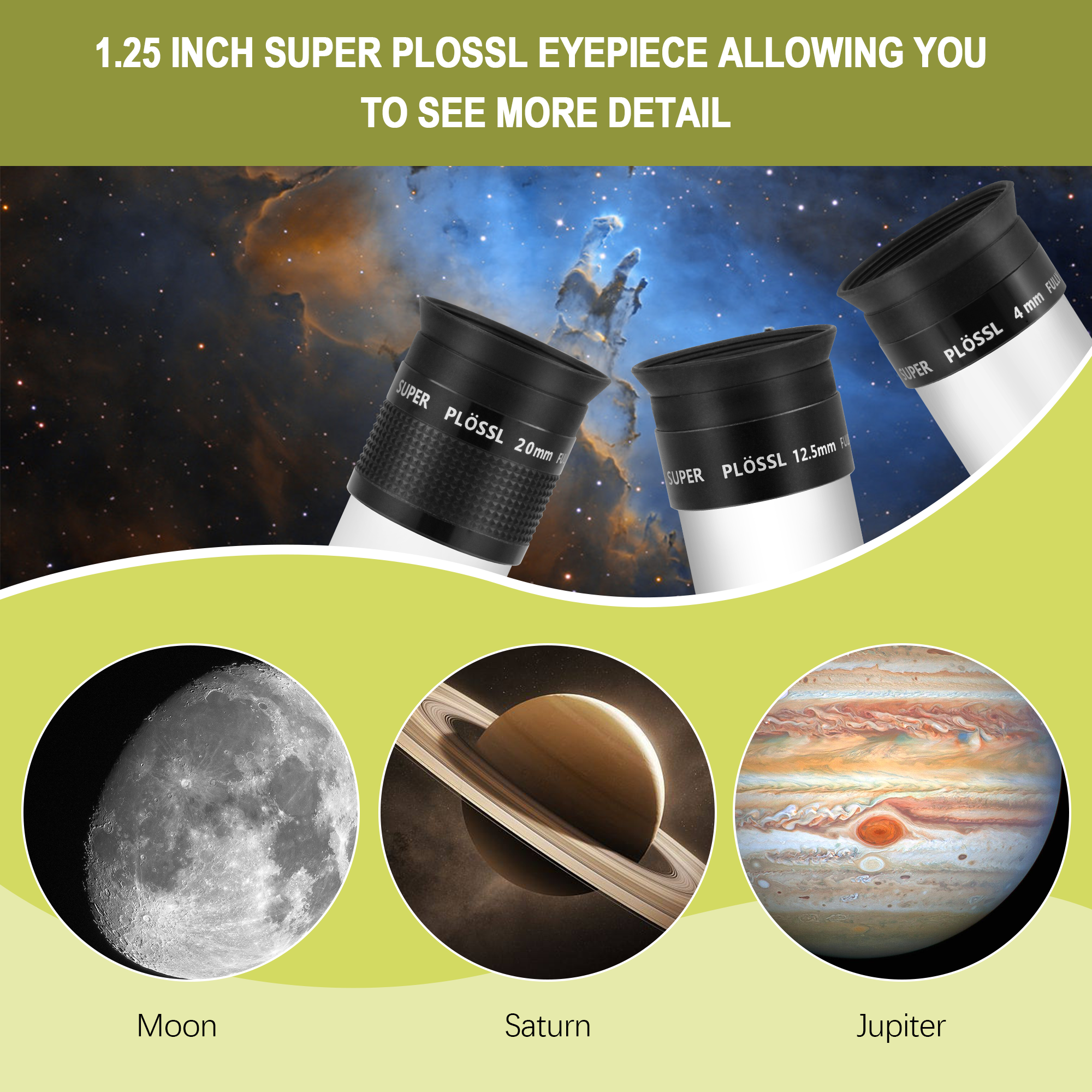 Astromania Multi coated 1.25-Inch Plossl Eyepieces(4mm, 10mm, 25mm) with 2x Barlow Astronomical Telescope Accessory Kit - let you get the most out