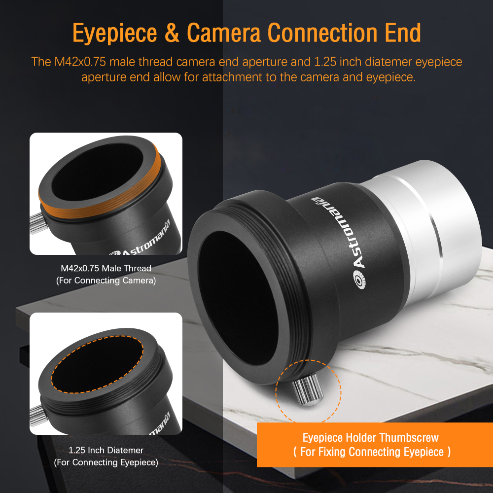 Astromania 1.25 Inch Universal T-Adapter Telescope Eyepiece Extension Tube Adapter with Filter Thread, Metal Telescope Accessories for Prime Focus Astrophotography with SLR or DSLR Canon Nikon Cameras