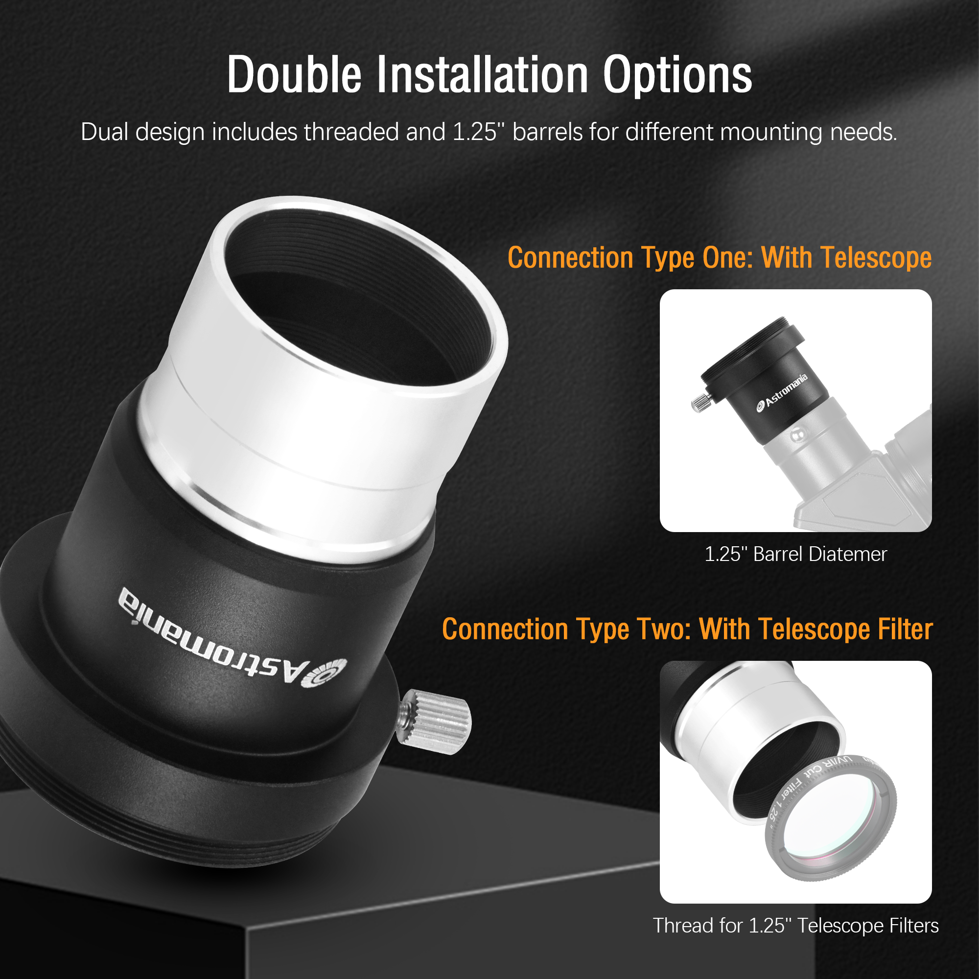 Astromania 1.25 Inch Universal T-Adapter Telescope Eyepiece Extension Tube Adapter with Filter Thread, Metal Telescope Accessories for Prime Focus Astrophotography with SLR or DSLR Canon Nikon Cameras