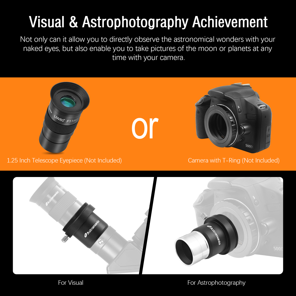 Astromania 1.25 Inch Universal T-Adapter Telescope Eyepiece Extension Tube Adapter with Filter Thread, Metal Telescope Accessories for Prime Focus Astrophotography with SLR or DSLR Canon Nikon Cameras