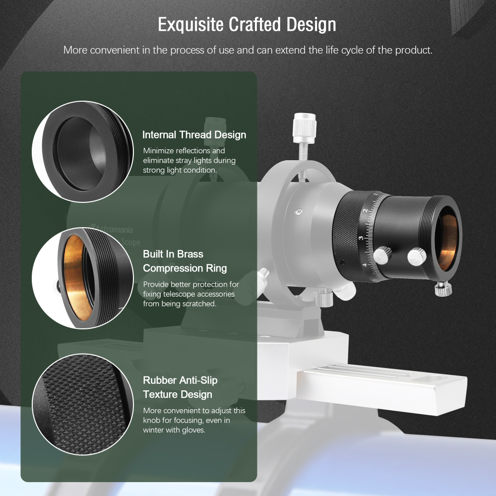Astromania 1.25" High Precision Double Helical Focuser with 0.05mm scale for Telescope Lenses/Finder & Guidescope