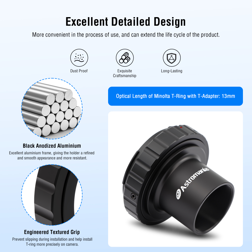 Astromania T-Adapter 1.25 Inches to M42 T-Mount & T2 T Ring Kit Compatible for Minolta SLR/DSLR Cameras with AF Bayonet, Metal Telescope Photo Camera DSLR Adapter Accessories for Astrophotography
