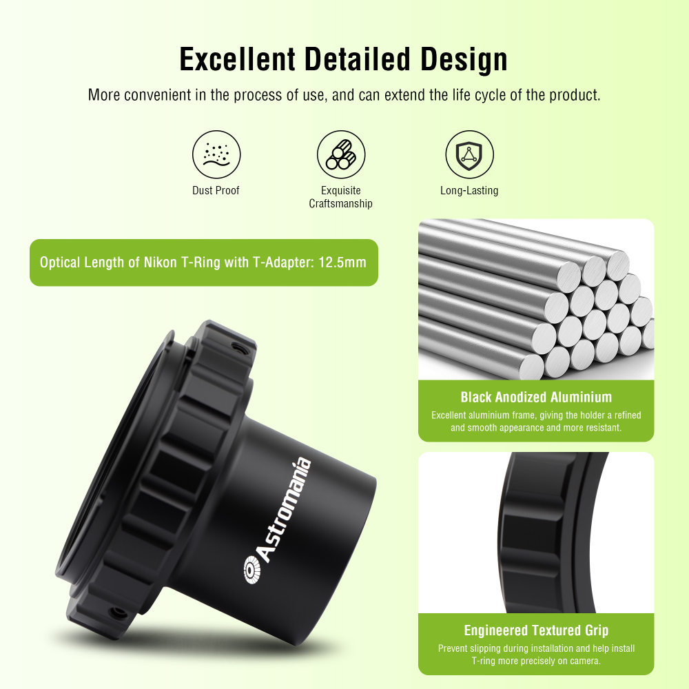 Astromania T2 T Ring and M42 T-Mount Telescope Camera Adapter, T-Ring for Nikon SLR/DSLR Camera with F-Bayonet & T Adapter 1.25 inches Astrophotography Telescope Accessory Fit for Astronomy Telescopes