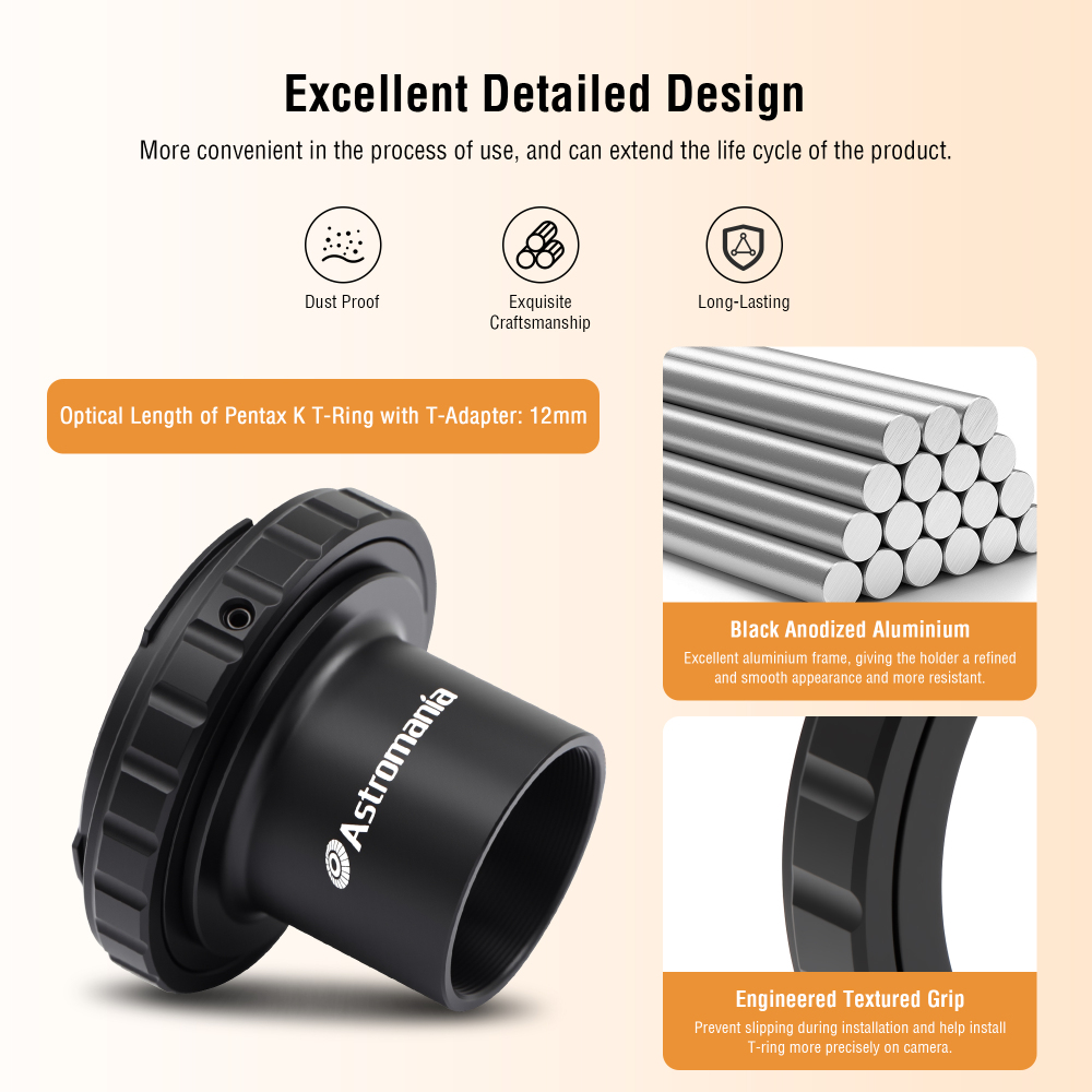 Astromania Telescope Photo Camera Adapter for Astrophotography, T Adapter (T-Mount) and T2 T Ring 1.25 inch Telescope Accessories for 42mm Pentax-K SLR/DSLR Cameras & 1.25 inches Astronomy Telescopes