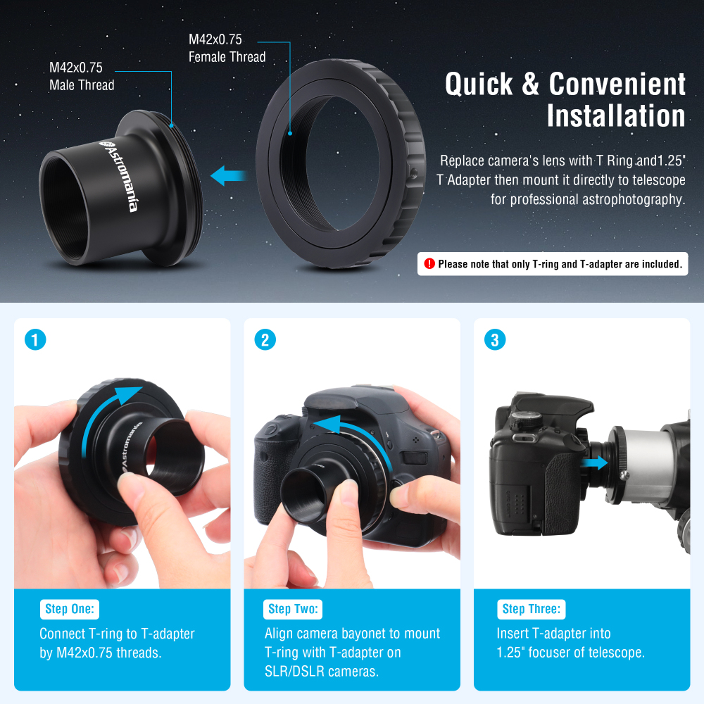 Astromania Telescope Camera Adapter, T2 T Ring and T Adapter M42x0.75 Male Thread to 1.25 Inches Telescope Photo Adapter, T-Mount Telescope Astrophotography Accessories for Canon EOS SLR/DSLR Camera