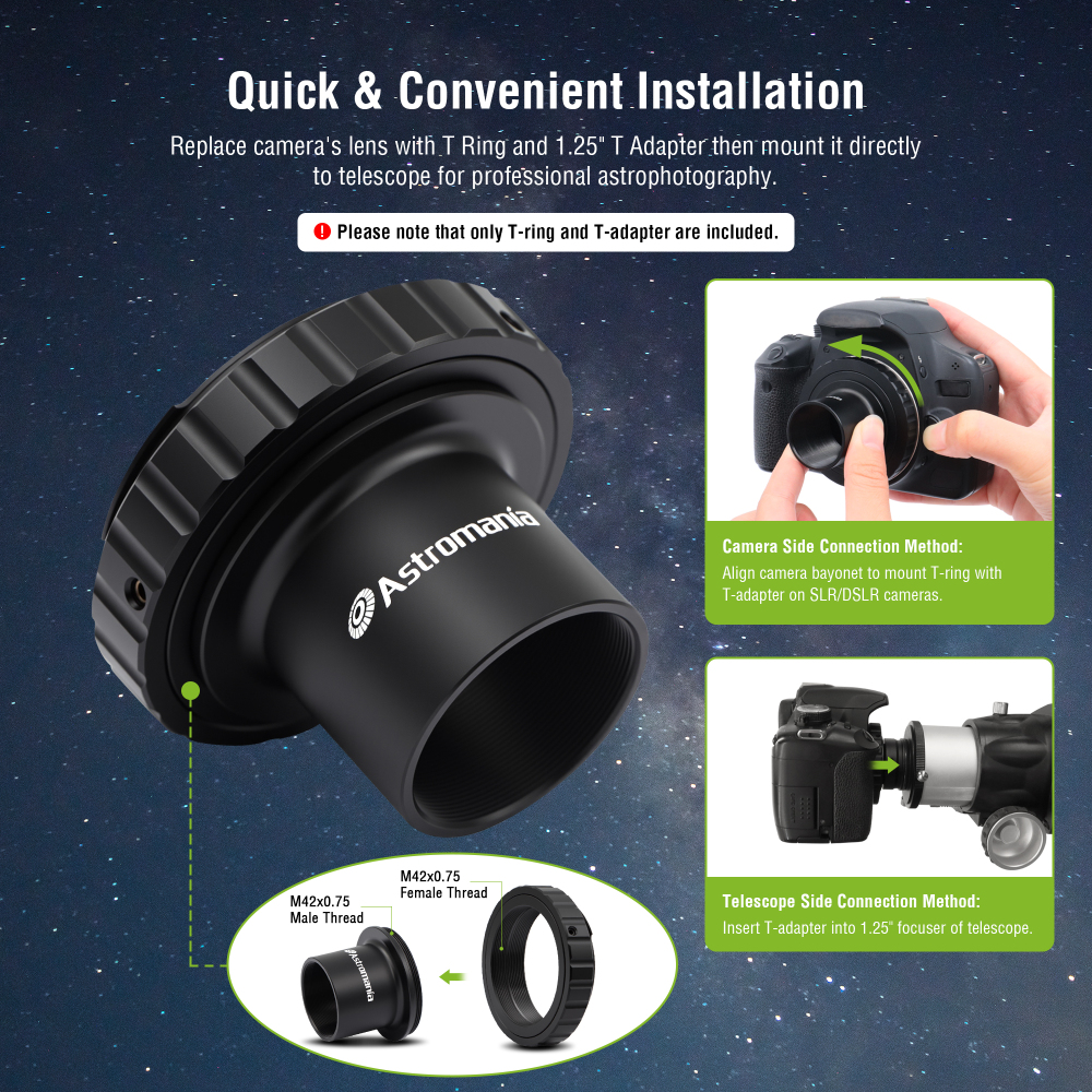 Astromania T2 T Ring and M42 T-Mount Telescope Camera Adapter, T-Ring for Nikon SLR/DSLR Camera with F-Bayonet & T Adapter 1.25 inches Astrophotography Telescope Accessory Fit for Astronomy Telescopes