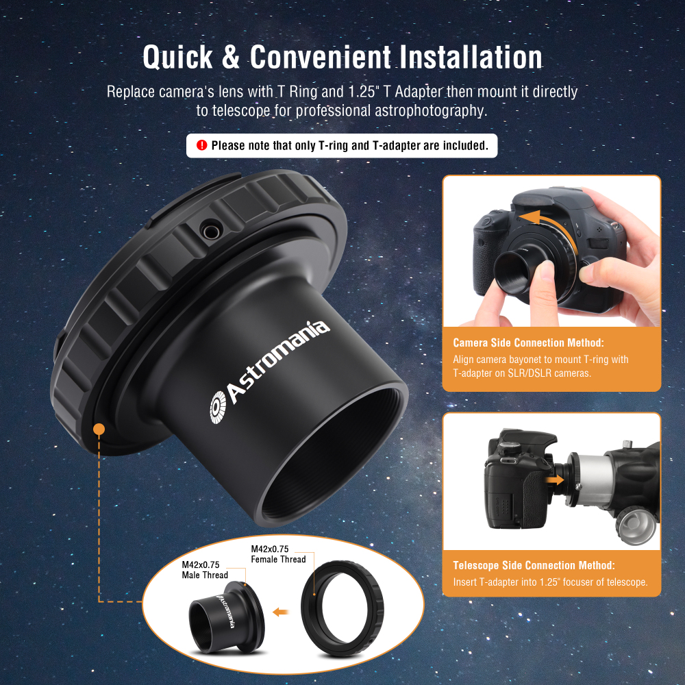 Astromania Telescope Photo Camera Adapter for Astrophotography, T Adapter (T-Mount) and T2 T Ring 1.25 inch Telescope Accessories for 42mm Pentax-K SLR/DSLR Cameras & 1.25 inches Astronomy Telescopes