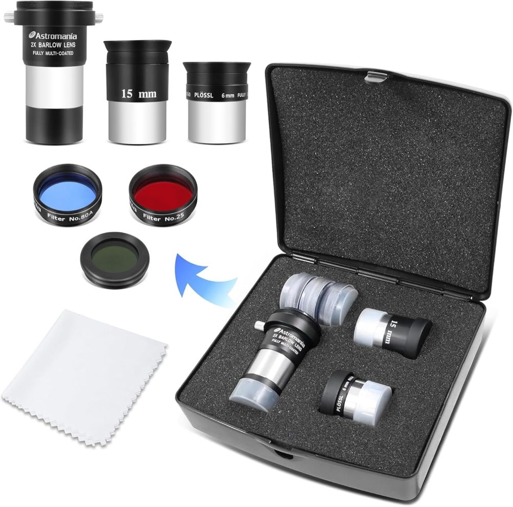 Astromania Telescope Accessory Kit for Beginner, Fully Coated 6mm Plossl 15mm Kellner Telescope Eyepiece Barlow Lens 2X with T Thread, Moon Filter 25 & 82A Color Planetary Filter and Sturdy Carry Case