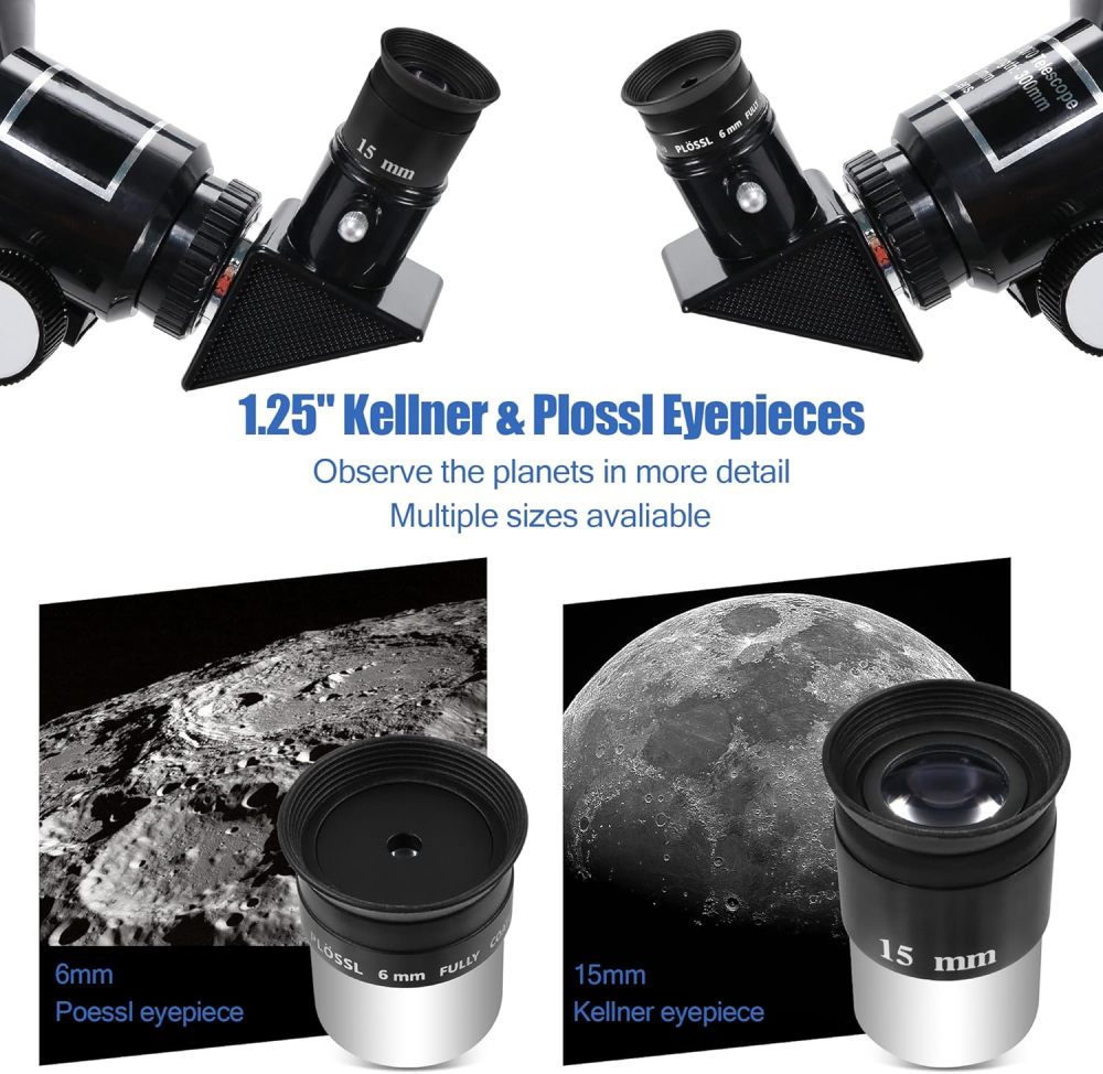 Astromania Telescope Accessory Kit for Beginner, Fully Coated 6mm Plossl 15mm Kellner Telescope Eyepiece Barlow Lens 2X with T Thread, Moon Filter 25 & 82A Color Planetary Filter and Sturdy Carry Case