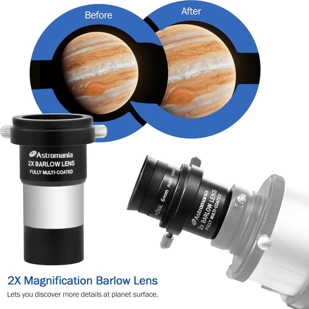 Astromania Telescope Accessory Kit for Beginner, Fully Coated 6mm Plossl 15mm Kellner Telescope Eyepiece Barlow Lens 2X with T Thread, Moon Filter 25 & 82A Color Planetary Filter and Sturdy Carry Case