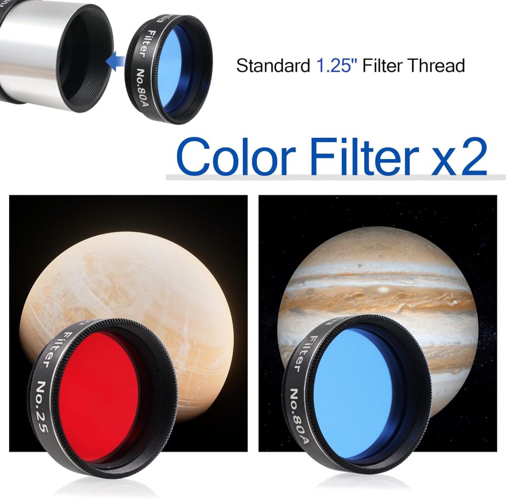 Astromania Telescope Accessory Kit for Beginner, Fully Coated 6mm Plossl 15mm Kellner Telescope Eyepiece Barlow Lens 2X with T Thread, Moon Filter 25 & 82A Color Planetary Filter and Sturdy Carry Case