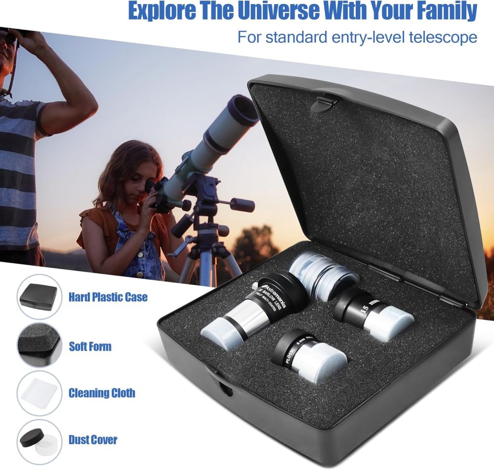 Astromania Telescope Accessory Kit for Beginner, Fully Coated 6mm Plossl 15mm Kellner Telescope Eyepiece Barlow Lens 2X with T Thread, Moon Filter 25 & 82A Color Planetary Filter and Sturdy Carry Case
