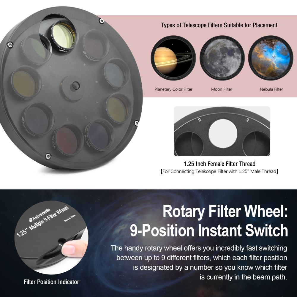 Astromania 1.25" Superior Quality Multiple 9-Position Filter Wheel For Telescope - allowing you to image without any reflections or stray light