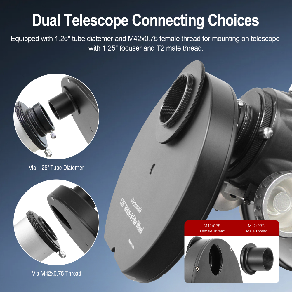 Astromania 1.25" Superior Quality Multiple 9-Position Filter Wheel For Telescope - allowing you to image without any reflections or stray light