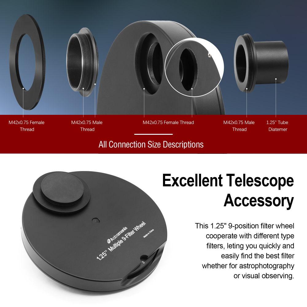 Astromania 1.25" Superior Quality Multiple 9-Position Filter Wheel For Telescope - allowing you to image without any reflections or stray light