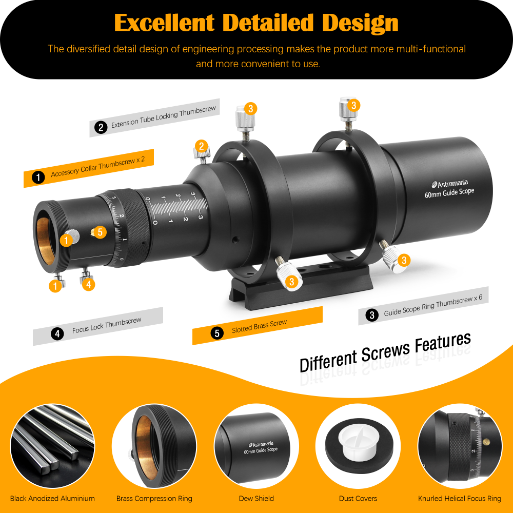 Astromania Guide Scope 60mm Compact Deluxe Finder Guide Scope Kit with Double Helical Focuser Compatible with 1.25 inch Eyepiece for Astronomical Telescope & Auto Guiding Cameras for Astrophotography