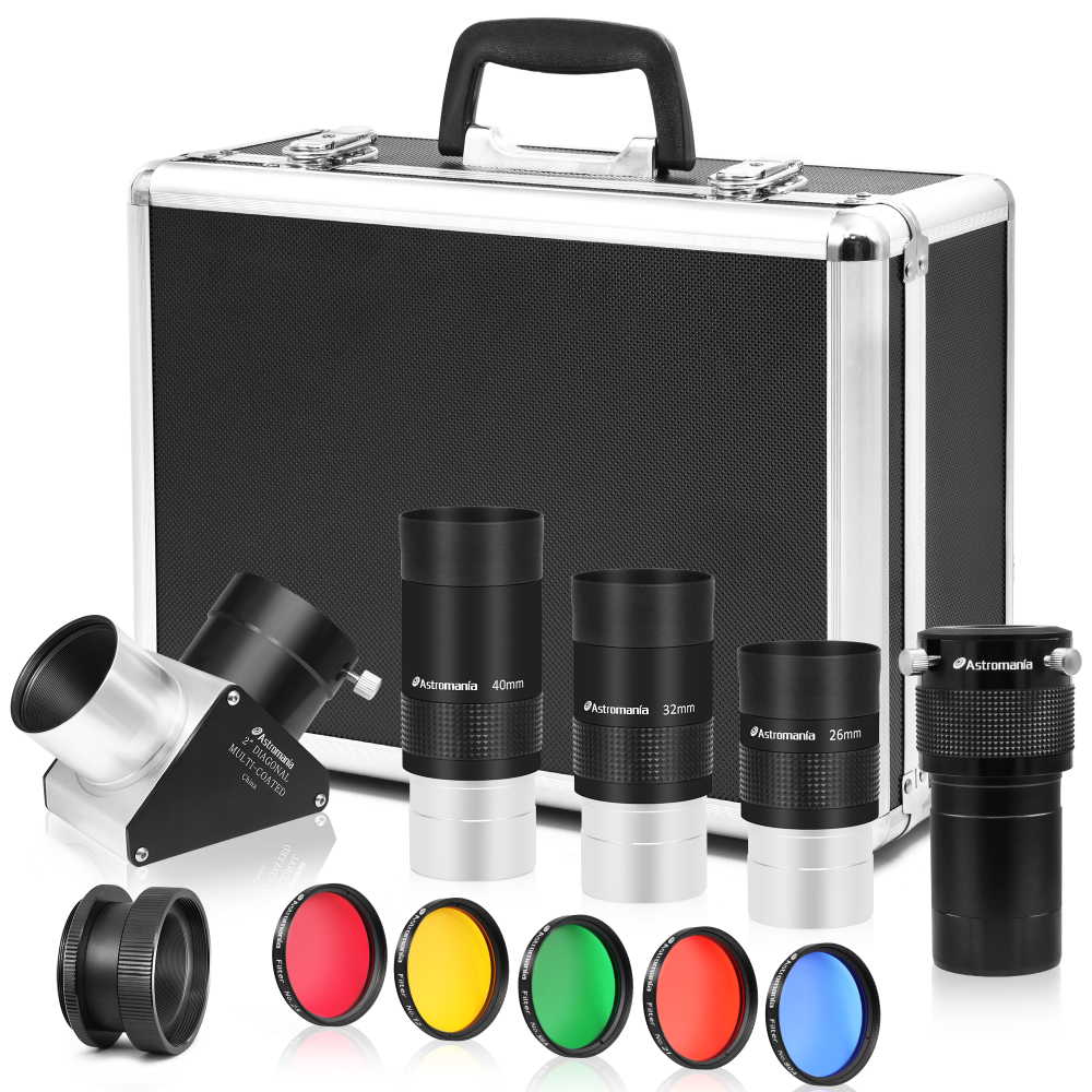 Astromania 2" Telescope Eyepiece and Filter Accessory Kit Deluxe Version - with 3pcs Kellner Eyepieces Set, 5pcs Colored Filter Set, ED 2x Barlow Lens, 2" SCT 90° Mirror Diagonal and Sturdy Carry Case