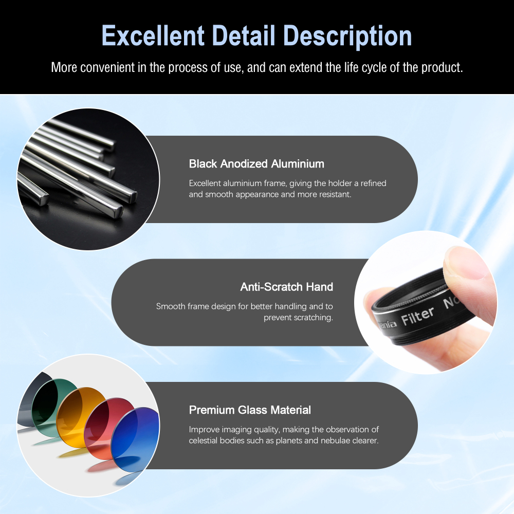 Astromania Telescope Eyepiece Filte Set 1.25 Inches, 4 Pcs Telescope Color Filter Set Including Red Yellow Green Blue, Eyepieces Filters Ideal Telescope Accessory for Planetary Moon Detail Observation