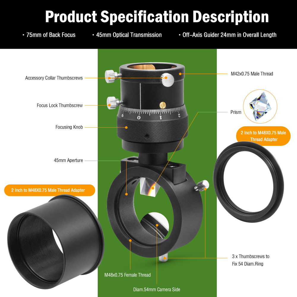 Astromania Off-Axis Guider with Microfocus Dual Helical Focuser, Metal Aluminum Telescope Accessories for Naked Eyes & Astrophotography, Mount on 2 Inch Focuser&1.25 Inch Illuminated Reticle Eyepiece