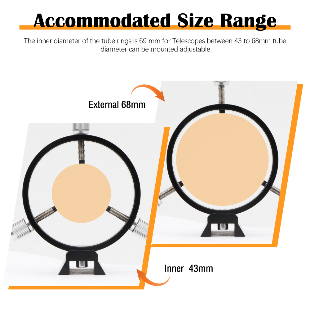 Astromania Adjustable Guiding Scope Ring Set with Plate - 69 mm inside diameter (pair) - for telescope tube diameter or finders 43 to 68mm