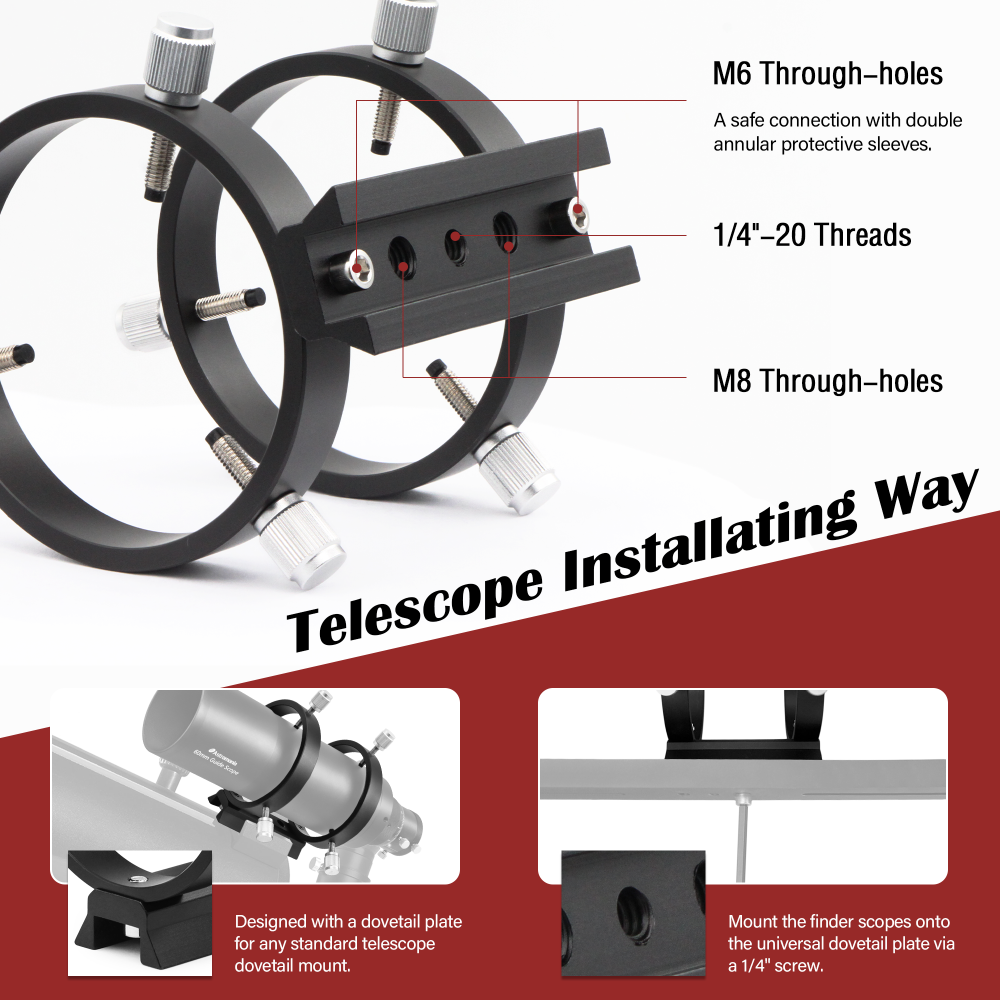 Astromania Adjustable Guiding Scope Ring Set with Plate - 80 mm inside diameter (pair) - for telescope tube diameter or finders 53 to 79mm