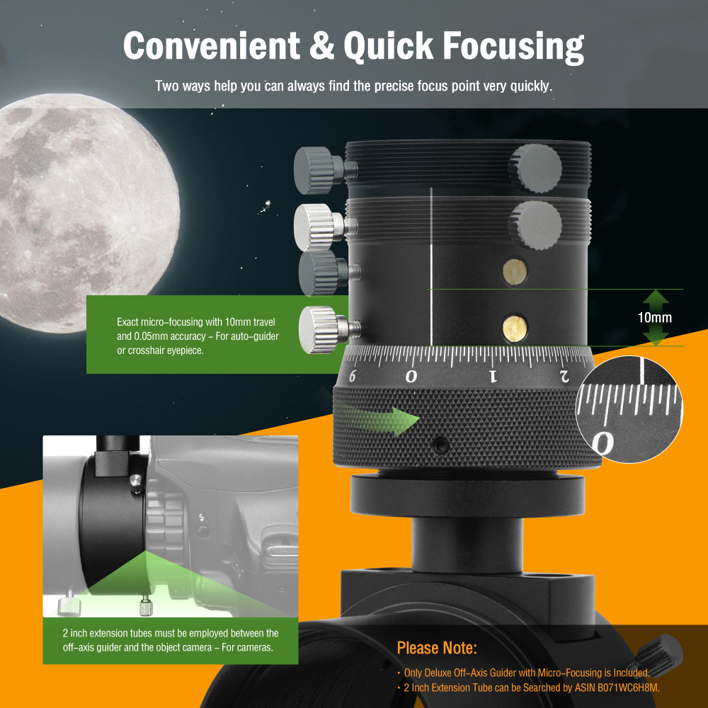 Astromania Off-Axis Guider with Microfocus Dual Helical Focuser, Metal Aluminum Telescope Accessories for Naked Eyes & Astrophotography, Mount on 2 Inch Focuser&1.25 Inch Illuminated Reticle Eyepiece