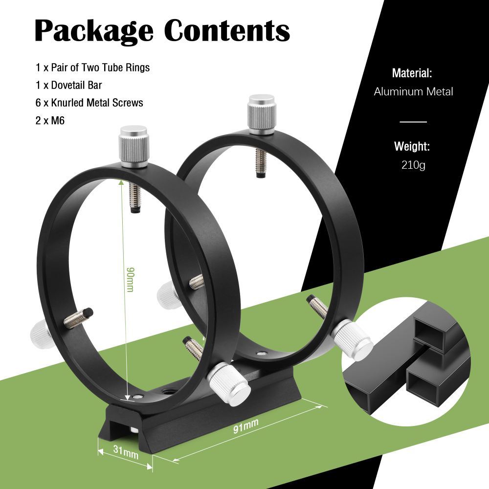 Astromania Adjustable Guiding Scope Ring Set with Plate - 90 mm inside diameter (pair) - for telescope tube diameter or finders 63 to 89mm
