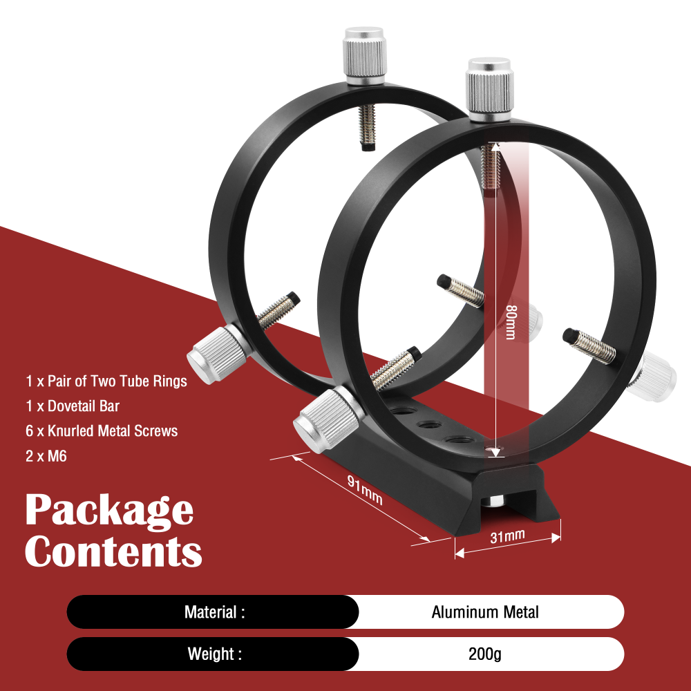 Astromania Adjustable Guiding Scope Ring Set with Plate - 80 mm inside diameter (pair) - for telescope tube diameter or finders 53 to 79mm