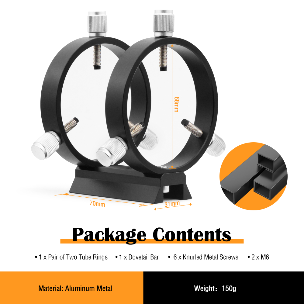 Astromania Adjustable Guiding Scope Ring Set with Plate - 69 mm inside diameter (pair) - for telescope tube diameter or finders 43 to 68mm