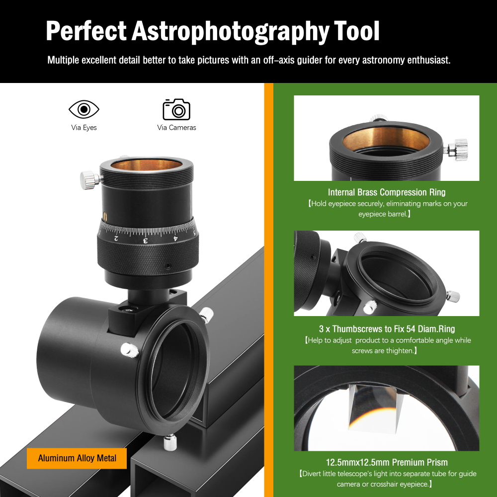 Astromania Off-Axis Guider with Microfocus Dual Helical Focuser, Metal Aluminum Telescope Accessories for Naked Eyes & Astrophotography, Mount on 2 Inch Focuser&1.25 Inch Illuminated Reticle Eyepiece